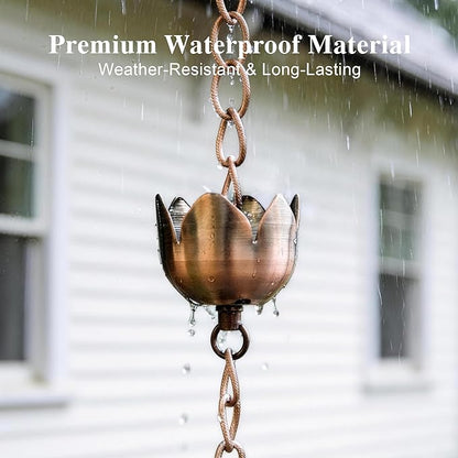 DUSVALLY Rain Chain, 5.85 FT Lotus Metal Rain Chain, Functional and Decorative Replacement for Gutter Downspouts, Divert Water and Home Display, Adjustable, Antique Brown
