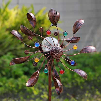 Solar Wind Spinner Multi-Color LED Lighting by Solar Powered Glass Ball with Kinetic Wind Aculptures Dual Direction Decorative Lawn Ornament Wind Mill.