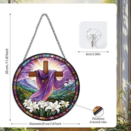 Rngmsi Cross Stained Glass Window Hanging Gift for Women, Purple Cross Wildflowers Sun Catchers Indoor Window Gifts for Men Grandma, Christmas Stained Glass Ornament Decor for Garden (7.87*7.87inches)