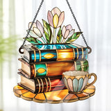 Jesuspirit - Window Hanging Suncatcher – Crystal Clear Acrylic & Wood Sun Catcher for Home Decor, for Women (Tea Cup and Library, 8 Inches)
