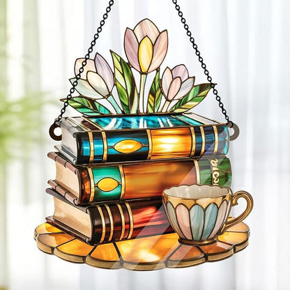 Jesuspirit - Window Hanging Suncatcher – Crystal Clear Acrylic & Wood Sun Catcher for Home Decor, for Women (Tea Cup and Library, 6 Inches)