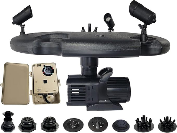 HALF OFF PONDS Floating Fountain, 1.2 HP Pond Aerator, 200 ft Cord, 10,000 GPH Water Pump, 11 Spray Patterns, Color-Changing Lights & Control Box, for Large Ponds, Lakes & Water Gardens