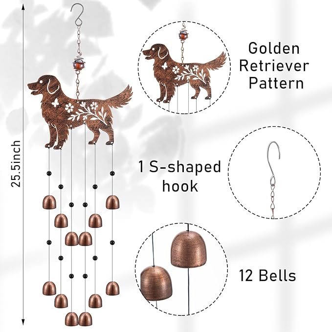 Cinnvoice 24 Inch Metal Wind Chimes Decor for Outside Garden Birthday Gift for Women Men Bronze Windchimes Pet Memorial Gift with 12 Bell for Patio Yard Lawn Housewarming Front Yard(Golden Retriever)