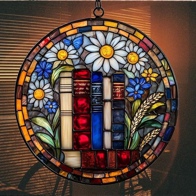 Floral Stack of Bookks Acrylic Suncatcher Stained Glass Effect Window Car Hanging Christmas Ornament Indoor Outdoor Decor Garden Sun Catcher Panel for Book Lover for Women Mom Grandma