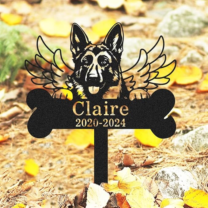 Custom German Shepherd Dog Memorial Sign Lawn Yard Garden Stake, Personalized Metal Pet Loss Dog Grave Marker with Wings, Customized Dogs Memorial Plaque Graves Cemetery Decorations