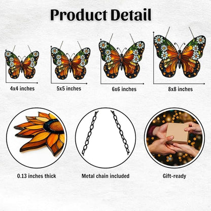 Floral Monarch Acrylic Suncatcher Stained Glass Effect Window Car Hanging Christmas Ornament Indoor Outdoor Decor Garden Sun Catcher Panel for Butterfly Lover for Women Mom Grandma