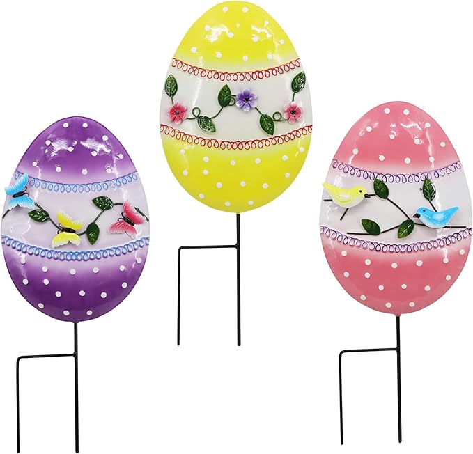 3 Pcs Easter Decorations Outdoor Metal Easter Eggs Yard Signs Decorative Garden Stakes Eggs Lawn Decorations Yard Decor for Spring Ornament Lawn Pathway Garde