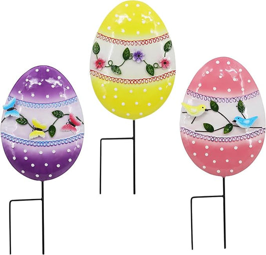 3 Pcs Easter Decorations Outdoor Metal Easter Eggs Yard Signs Decorative Garden Stakes Eggs Lawn Decorations Yard Decor for Spring Ornament Lawn Pathway Garde