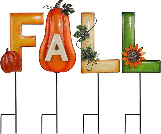Juegoal 4 Pcs Fall Decorative Garden Stakes, 24.8 Inch Letter Fall Metal Yard Sign with Pumpkins, Outdoor Art Stake for Thanksgiving Decorations Fall Autumn Harvest Patio Lawn Walkway, Style B
