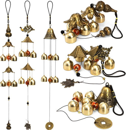 Eorbow 3 Packs Lucky Wind Chimes, Chinese Wind Bell, 6-Bell Vintage Hanging Bell Chimes with Gourd Dragon Peacock Coin for Good Luck Wealth Blessing, Home Garden Patio Decoration