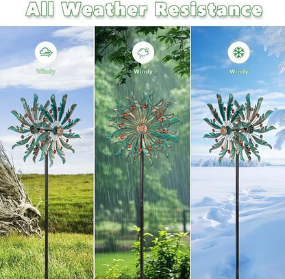DREAMSOUL 13" Dia Wind Spinners Outdoor with Stake Kinetic Metal Wind Spinner with Red Crystal Accents, Teal Copper Windmill for Yard Garden Decor