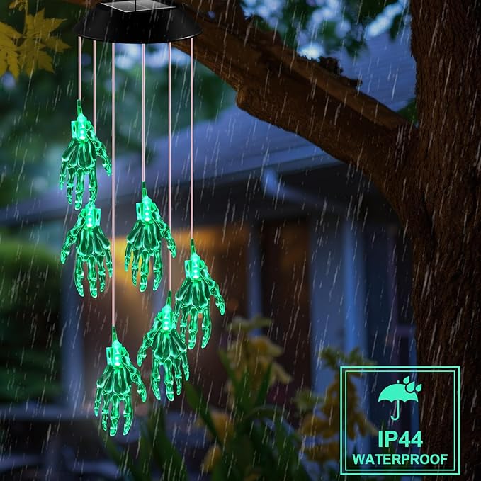 Wonderjune Halloween Solar Wind Chimes for Outside Skeleton Hand LED Color Changing Light Outdoor Mobile Wind Chime for Garden Patio Yard Porch Home Decor