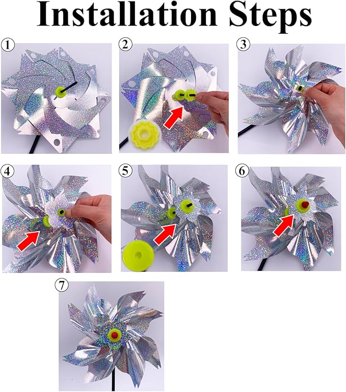 Sparkly Reflective Pinwheels with Stakes, Wind Spinners Outdoor Bird Scare Devices, Foil Pin Wheel Holographic Whirl Windmill for Yard Garden Decor Garden Wind Spinner 6 Packs - Silver