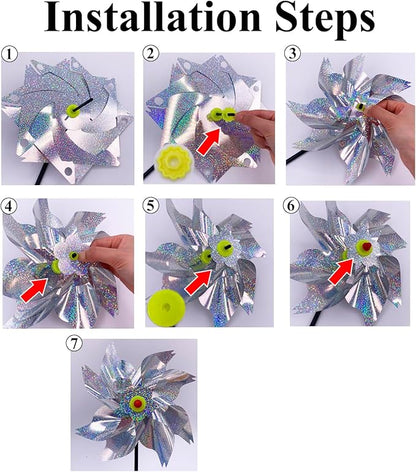 Sparkly Reflective Pinwheels with Stakes, Wind Spinners Outdoor Bird Scare Devices, Foil Pin Wheel Holographic Whirl Windmill for Yard Garden Decor Garden Wind Spinner 6 Packs - Silver