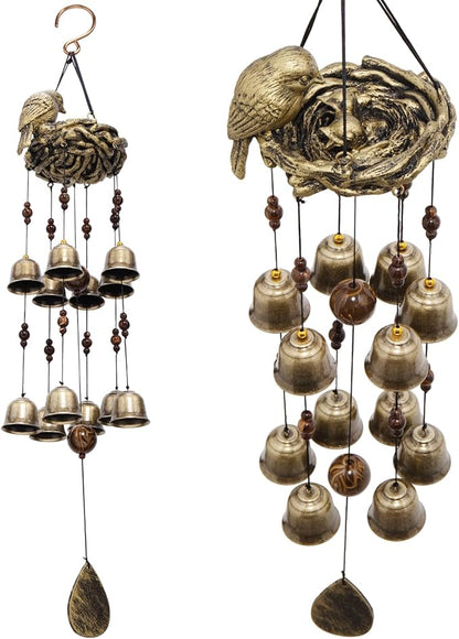 Bird Nest Wind Chime, A Mother‘s Love in Every Breeze | 25” Bronze Resin Nest with 12 Wind Bells, Soothing Gift for Mother's Day, Garden, Yard, Patio Decor