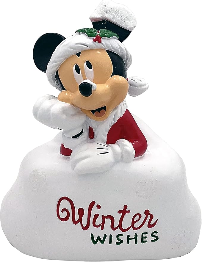 Disney Mickey Mouse Winter Wishes Glittery Snow Scene Christmas Outdoor Garden Statue, 5 inches Tall, Officially Licensed Disney Product