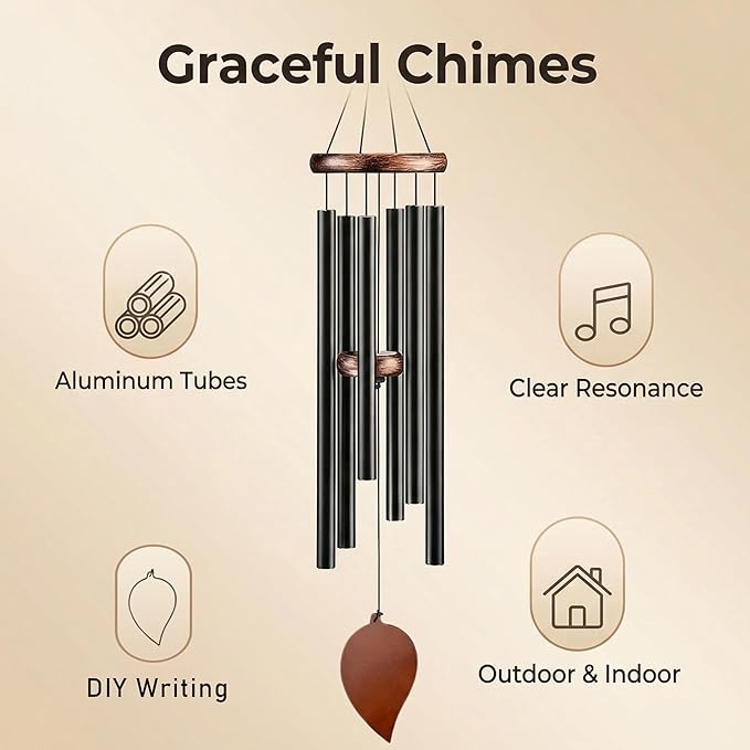 Large Aluminum Wind Chime -32 inch Black Metal 6-Tube Wind Chime Decoration with Commemorative Leaf Pendant, Suitable as a Consolation Wind Chime for Gardens, terraces, Home Decor, and Gifts