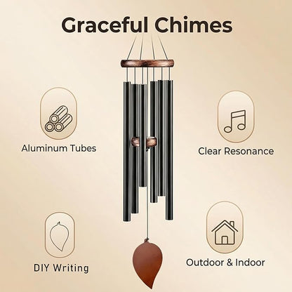 Large Aluminum Wind Chime -32 inch Black Metal 6-Tube Wind Chime Decoration with Commemorative Leaf Pendant, Suitable as a Consolation Wind Chime for Gardens, terraces, Home Decor, and Gifts
