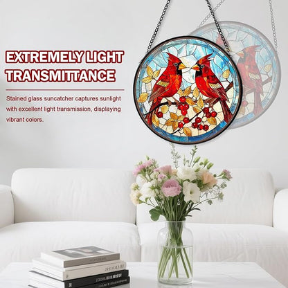 Red Cardinal Stained Glass Window Hanging, Hummingbird Suncatcher Diamond Glass Panel Hangings, Handmade Bird Sun Catchers Windows Wall Art, Gift for Mom, Christmas Decor for Home Office 7.87 inches