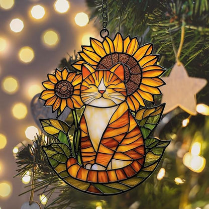 Happy Tabby Cat Acrylic Suncatcher Stained Glass Effect Window Car Hanging Christmas Ornament Indoor Outdoor Decor Garden Sun Catcher Panel Gifts for Cat Lover for Women Mom Grandma