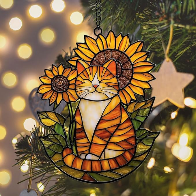 Happy Tabby Cat Acrylic Suncatcher Stained Glass Effect Window Car Hanging Christmas Ornament Indoor Outdoor Decor Garden Sun Catcher Panel Gifts for Cat Lover for Women Mom Grandma