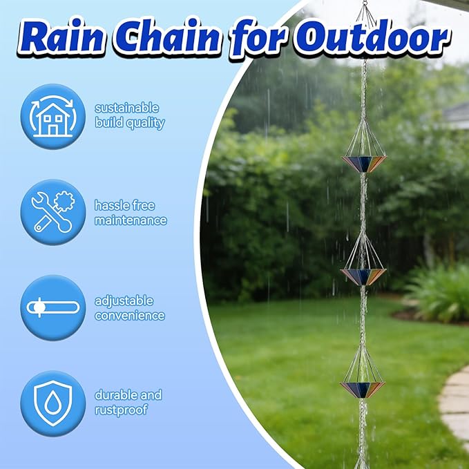 9.6 Ft Rain Chains for Outside, Decorative Metel Rain Gutter Chain with 10 Colorful Cups for Eaves Drainage, Replacement for Downspout