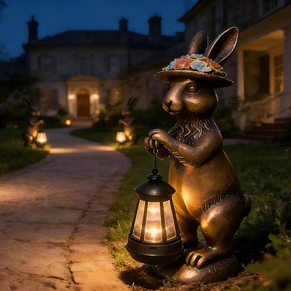 Garden Statue Solar Rabbit Outdoor - Easter Bunny Decor with Solar Powered Lantern,Patio, Lawn, Yard Ornaments, Waterproof Resin Figurines for Home, Birthday, Mother‘s Day Gift