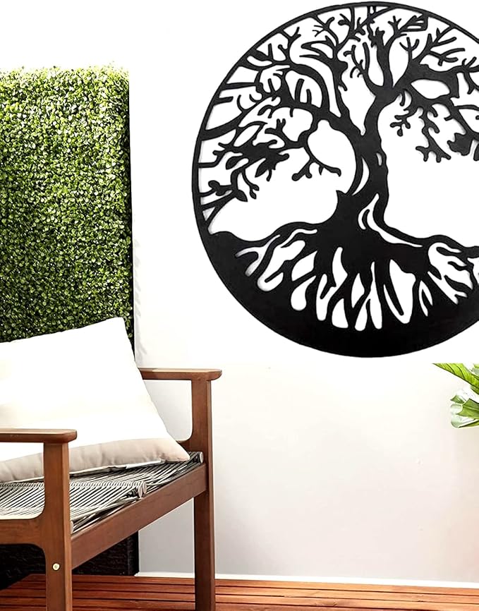 Bellaa 20230 Metal Wall Art Tree Circle Of Life Round Hanging Sculptures Indoor Living Room Outdoor Garden Patio Decor Black 24 inch