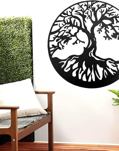 Bellaa 20230 Metal Wall Art Tree Circle Of Life Round Hanging Sculptures Indoor Living Room Outdoor Garden Patio Decor Black 24 inch