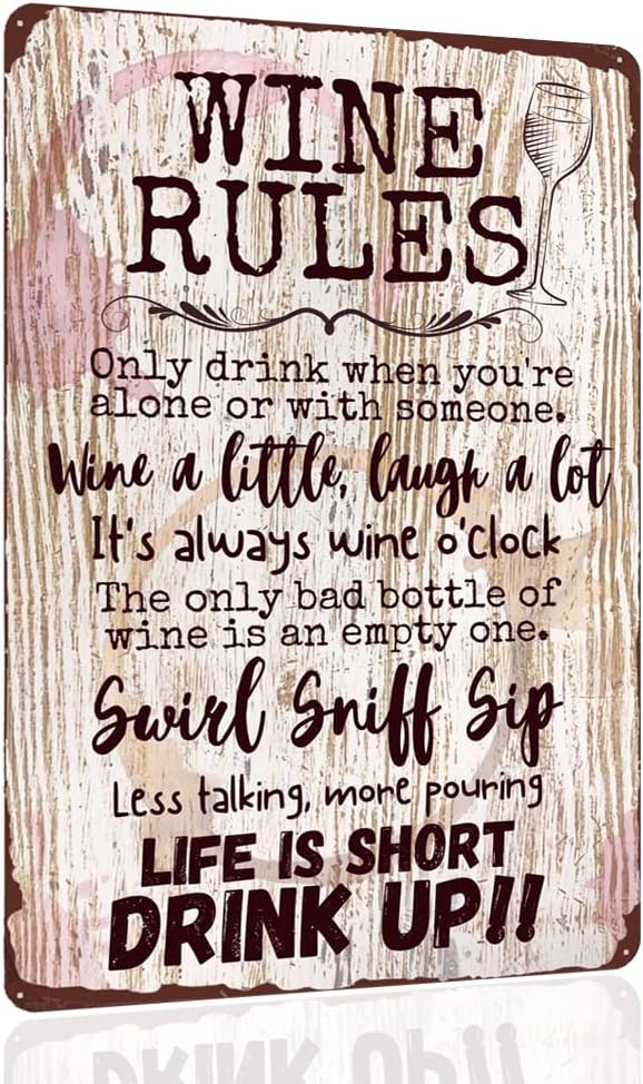 Vintage Wine Rules Metal Tin Signs - Life is Short Drink Up - Art Poster Wall Decoration for Bar Pub Club Liquor Store 12x8 inches