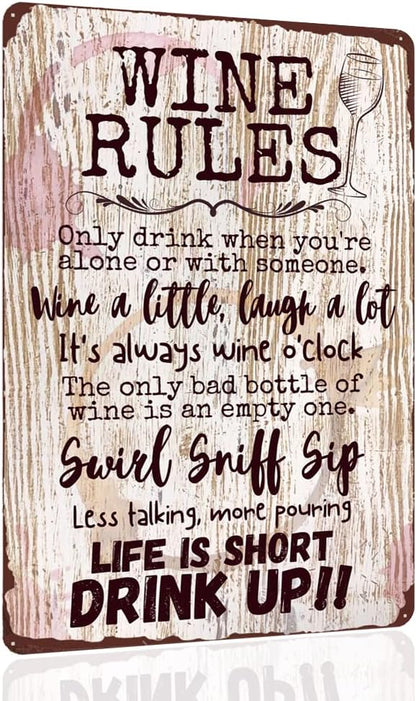 Vintage Wine Rules Metal Tin Signs - Life is Short Drink Up - Art Poster Wall Decoration for Bar Pub Club Liquor Store 12x8 inches