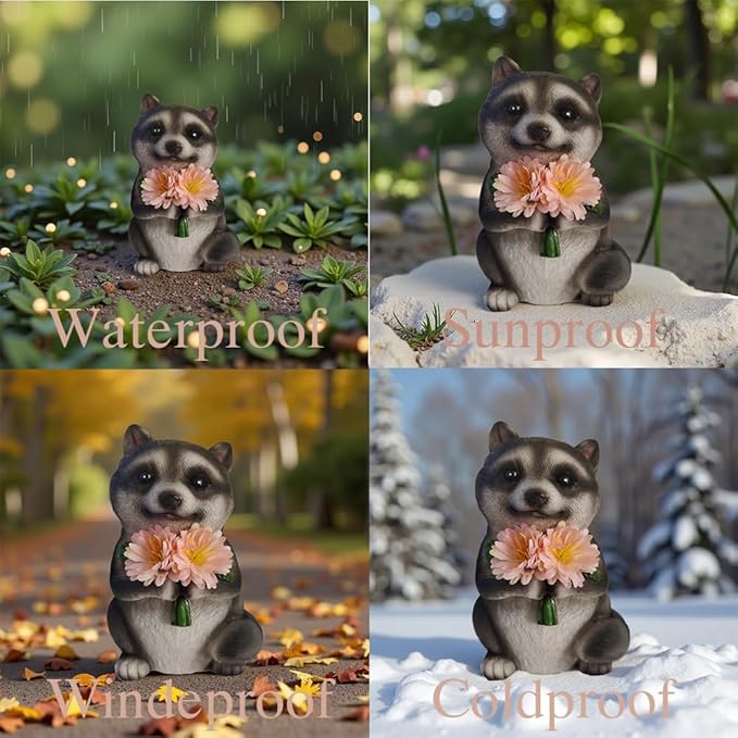 Solar Raccoon Garden Decor Raccoon Gifts Outdoor Decor with LED Lights, Decor for Garden, Patio, Yard, Indoor Outdoor Use, Solar-Powered Automatic Lighting（Pink）