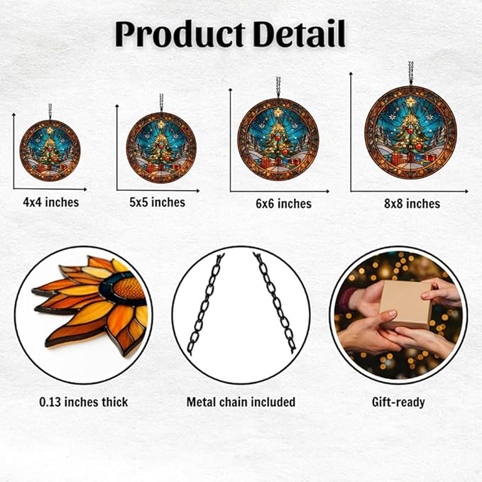 Christmas Tree Presents Acrylic Suncatcher Stained Glass Effect Window Car Hanging Christmas Ornament Indoor Outdoor Decor Garden Sun Catcher Panel for Women Mom Grandma