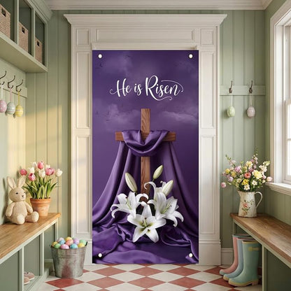 He Is Risen Easter Door Cover Decorations 35x71 Inch - Premium Religious Cross Church Banners with White Lilies, Purple Resurrection Sunday Decorative Porch Sign for Holy Week Home Outdoor Lent Decor