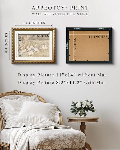ARPEOTCY Vintage Gold Framed Wall Art, Farmhouse Nursery Duck Paintings, Rustic Canvas Prints Artwork with Antique Frame, Wall Decor Cute Duck Illustration Decorations for Home, 13x16 inch