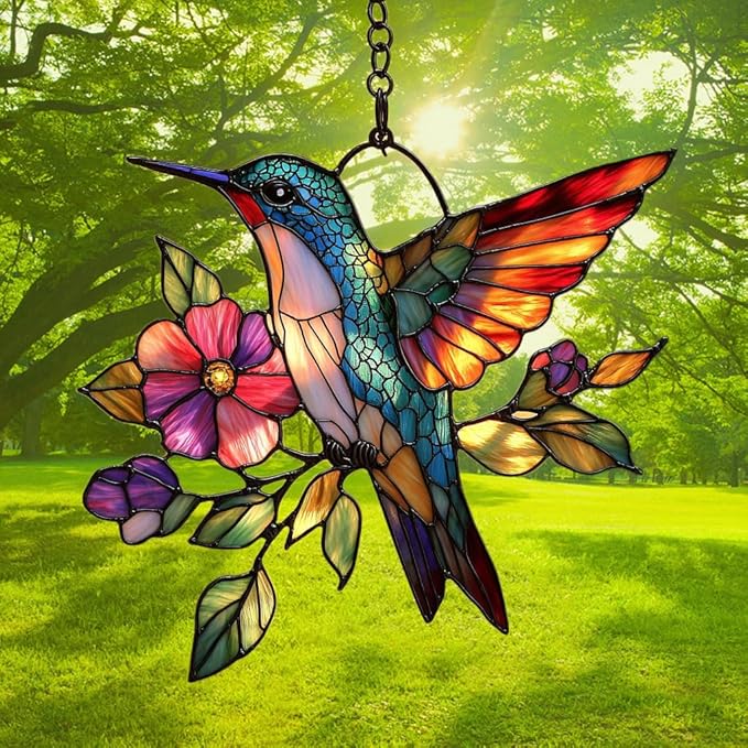 Flowers and Hummingbird Acrylic Suncatcher Stained Glass Effect Window Car Hanging Christmas Ornament Indoor Outdoor Decor Garden Sun Catcher Panel for Hummingbird Lover for Women Mom Grandma