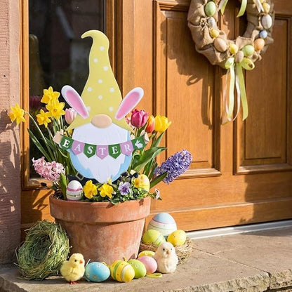 TERESA'S COLLECTIONS Easter Decorations Outdoor for Home, Metal Easter Gnomes Decor Yard Stakes, Pink & Blue Egg Rabbit Garden Stakes Gifts, Welcome Yard Signs for Outside Lawn Porch Patio, 27"