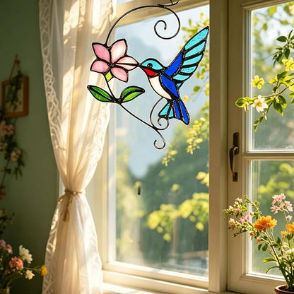 Blue Hummingbird Stained Glass Suncatcher with Flower, Handmade Window Hanging Light Catcher Bird Decor for Home & Garden, Glass Ornament Gift for Mom, Grandma & Nature Lovers
