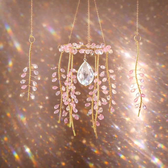 3 Pcs Crystal Suncatchers for Window Boho Decor, Green Plants Artificial Hanging Wind Chime Sun Catchers with Chain Rainbow for Indoor OutdoorDecor Plant Lover Gift (Pink)