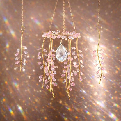3 Pcs Crystal Suncatchers for Window Boho Decor, Green Plants Artificial Hanging Wind Chime Sun Catchers with Chain Rainbow for Indoor OutdoorDecor Plant Lover Gift (Pink)