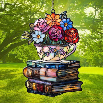 Floral Tea Cups Acrylic Suncatcher Stained Glass Effect Window Car Hanging Christmas Ornament Indoor Outdoor Decor Garden Sun Catcher Panel for Boba Tea Lover for Women Mom Grandma