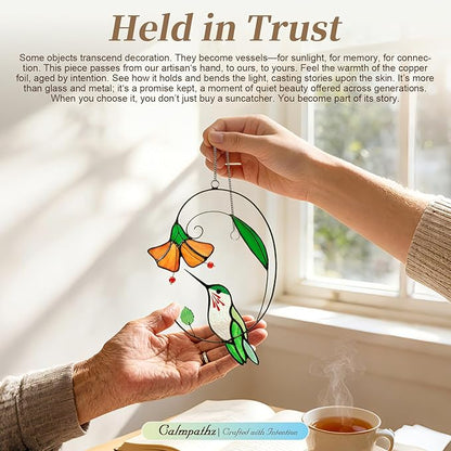 Handmade Tiffany Copper Foil Stained Glass Hummingbird Suncatcher – Colorful Window Hanging Ornament with Flowers, Gift for Grandma, Women, Bird Lovers, Home Decor