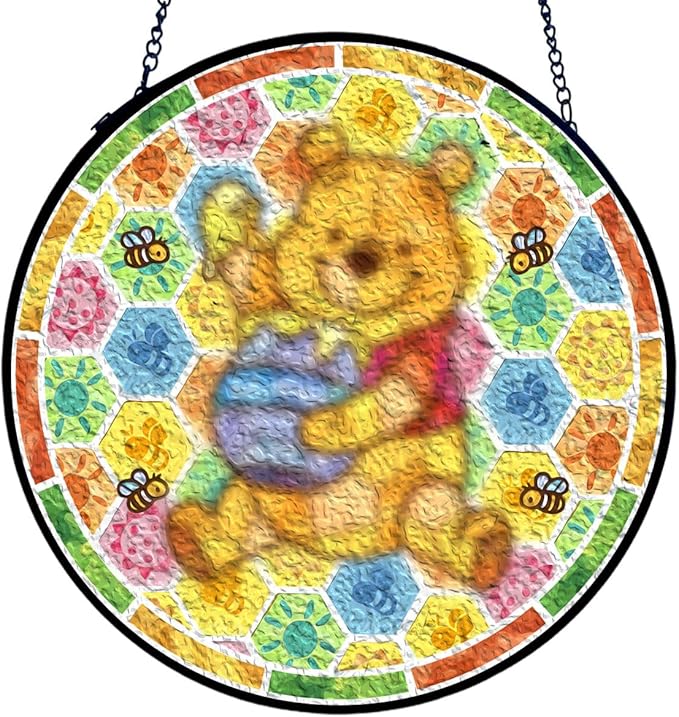 GENANY Honey Bear Glass Window Hanging, Spring Sun Catcher with Metal Chain and Hook, Romantic Gifts for Women Friends Family, Garden Decor, Housewarming Gifts, Outdoor Decor