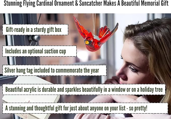 Flying Cardinal Memorial Gift, Red Bird Cardinal Ornament Hanging Acrylic Crystal Window Suncatcher, Cardinals Decor with Story Card, 2026 Hangtag and Suction Cup - Sign of a Visitor from Heaven