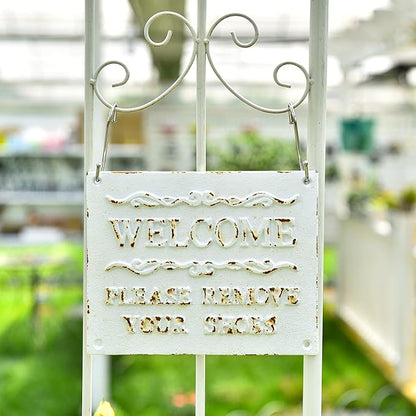 Sungmor Rustful Crafts Cast Iron WELCOME sign with PLEASE REMOVE YOUR SHOES Reminds, Front Door Marker for Guiding Guests' Take Off Shoes, Vintage Hanging Welcome Signs Indoor Outdoor Home Decor
