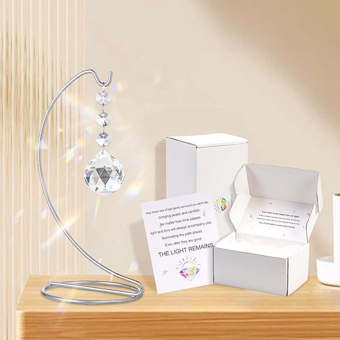 9-Inch Memorial Gifts,40mm Clear Memorial Crystal,Bereavement Suncatcher,Memorial Gifts for Loss of Mom Dad Friend Son Daughter,Silver Stand and a Sympathy Card