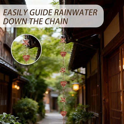 8.8ft Rain Chains for Gutters Outside, Adjustable Hanging Rain Hutter Catcher Chain with 6 Metal Flower Cups & Hummingbird Decor, Downspout Substitute for Garden Drainage and Courtyard