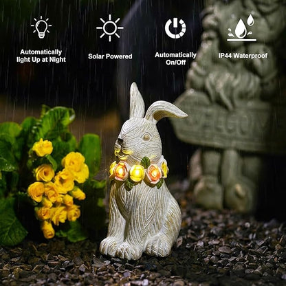 Solar Rabbit Garden Statue - Bunny Decor with Solar Flowers LED Lights Outdoor Yard Garden Decor - Unique Easter Gifts for Mon Women