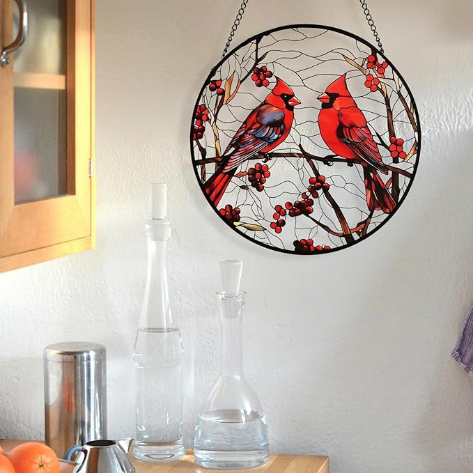 Red Cardinal Memorial Suncatcher – Stained Glass Window Hanging with Bird on Branch, Sympathy Hope Comfort Gift for Mom Grandma Women Bird Lover, Garden Patio Kitchen Decor, 8 Inch