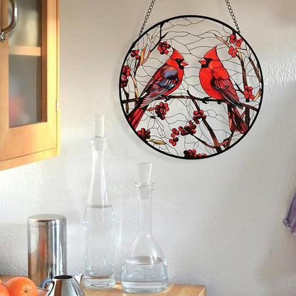 Red Cardinal Memorial Suncatcher – Stained Glass Window Hanging with Bird on Branch, Sympathy Hope Comfort Gift for Mom Grandma Women Bird Lover, Garden Patio Kitchen Decor, 8 Inch